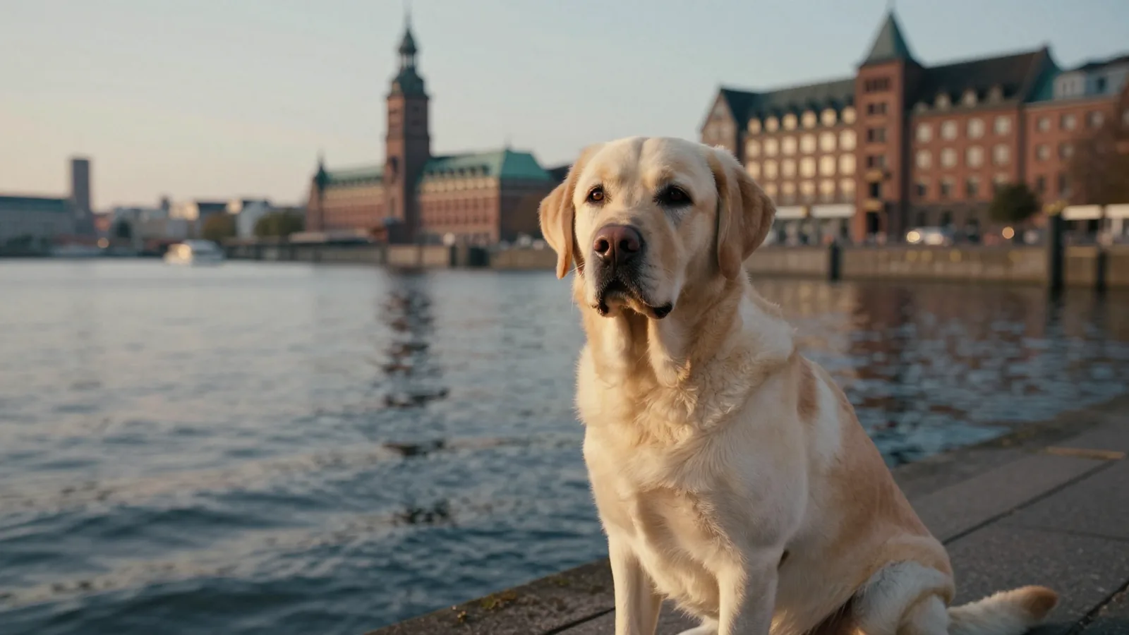 Labrador läuft entspannt neben seinem Halter am Alsterufer in Hamburg