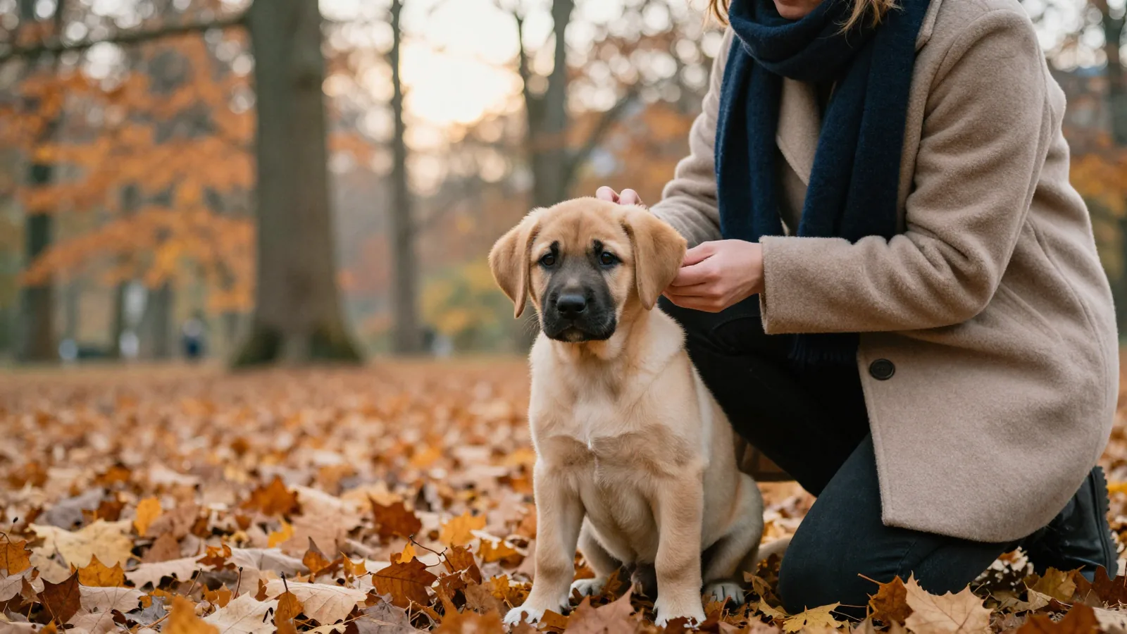 Labradorwelpe im Hamburger Stadtpark auf warmem Herbstlaub, eine Halter-Hand streichelt ihn.