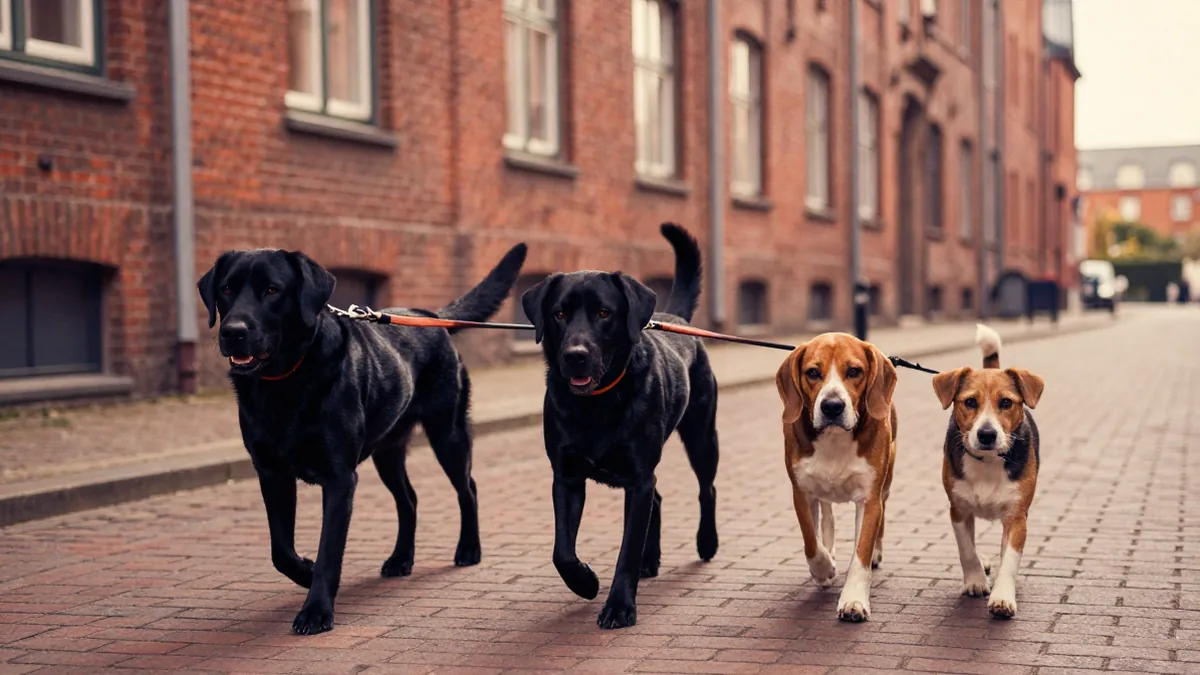 Zwei Hunde im Hamburger Volkspark laufen neben ihrer Halterin