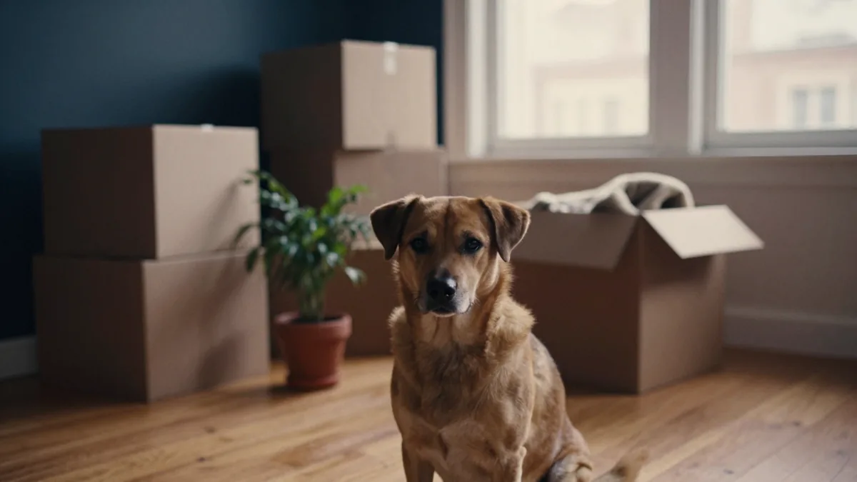 Umzugskartons und Golden Retriever in einer Hamburger Altbauwohnung